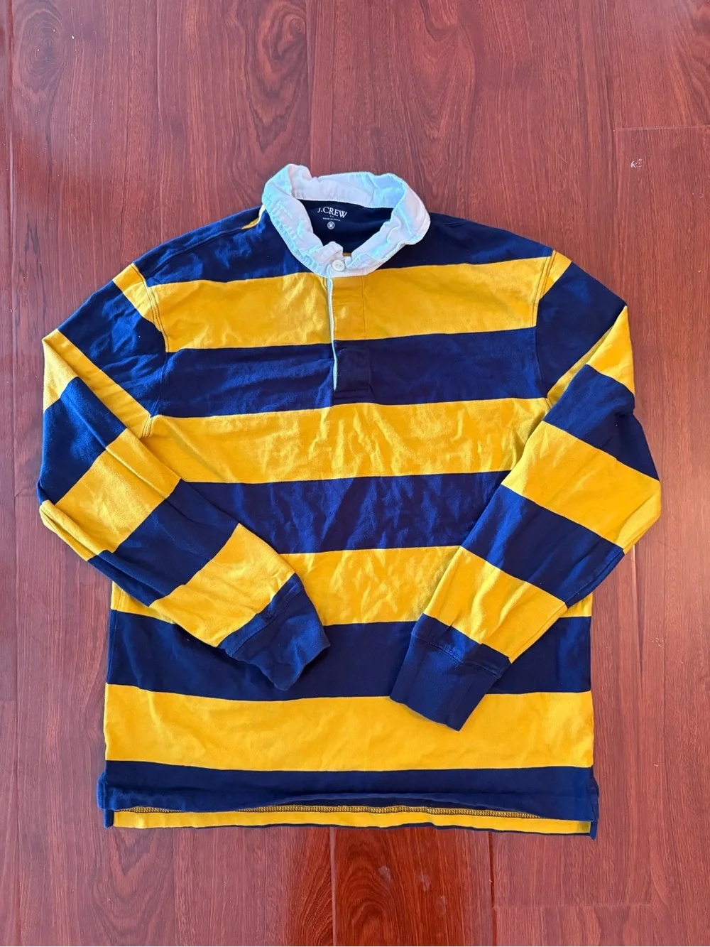 J. Crew Men's Navy and Yellow Striped Rugby Shirt with White Collar
